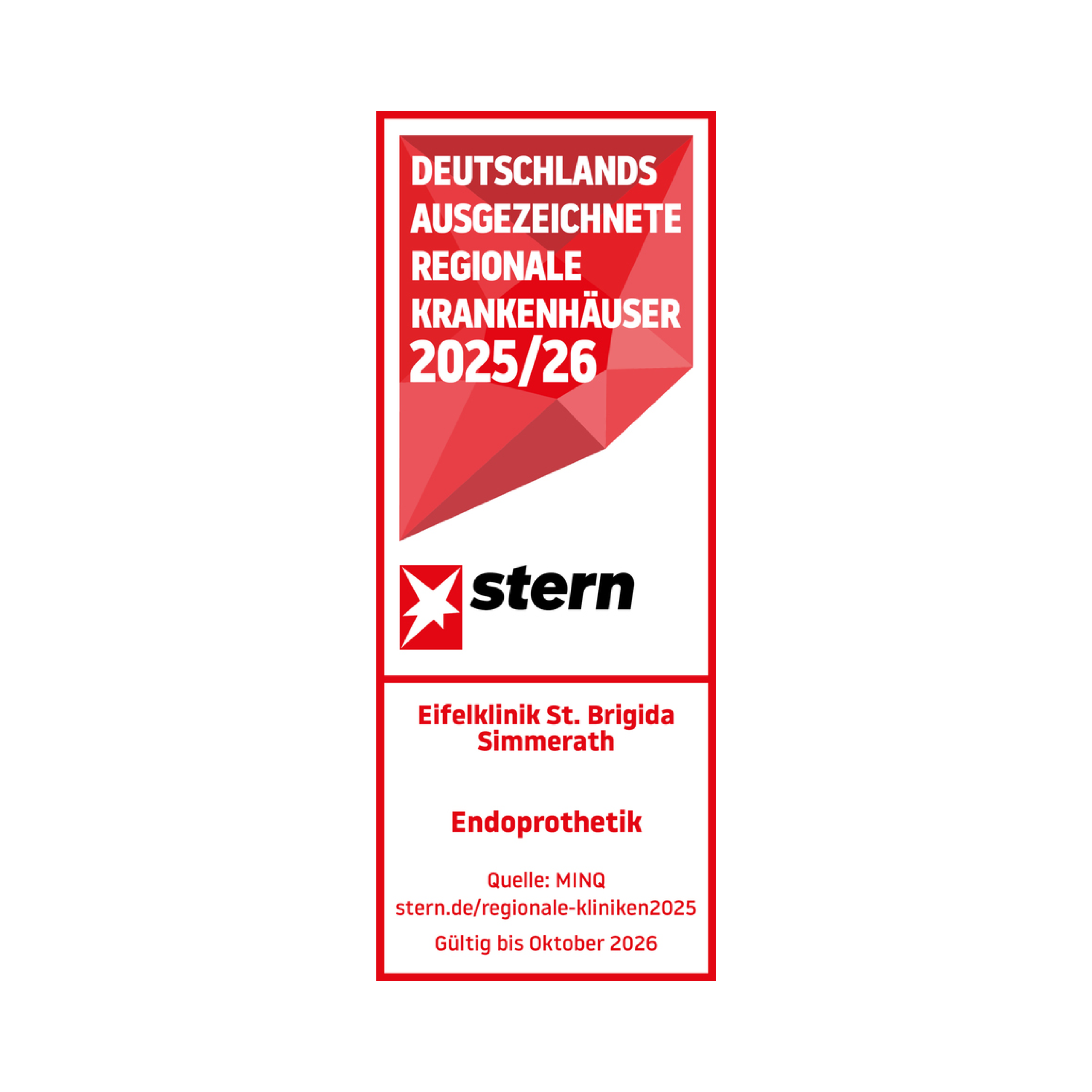 stern-Siegel: Deutschlands ausgezeichnete regionale Krankenhäuser 2025/26, Eifelklinik St. Brigida Simmerath, Endoprothetik.