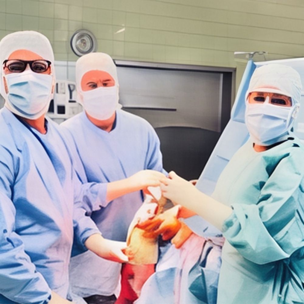 Drei Ärzte in OP Kleidung bei Knie-OP im Operationssaal.