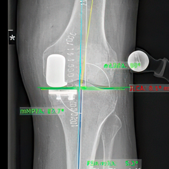 Röntgenaufnahme eines Kniegelenks mit eingezeichneter Achs- und Prothesenplanung.