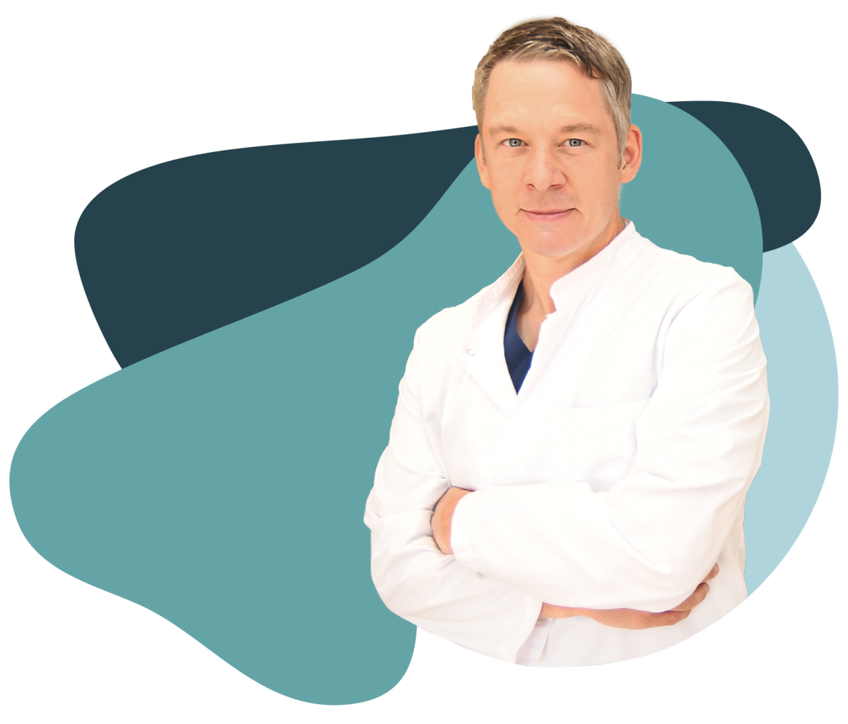 Dr. med. Andreas Bell im weißen Arztkittel, Arme verschränkt.