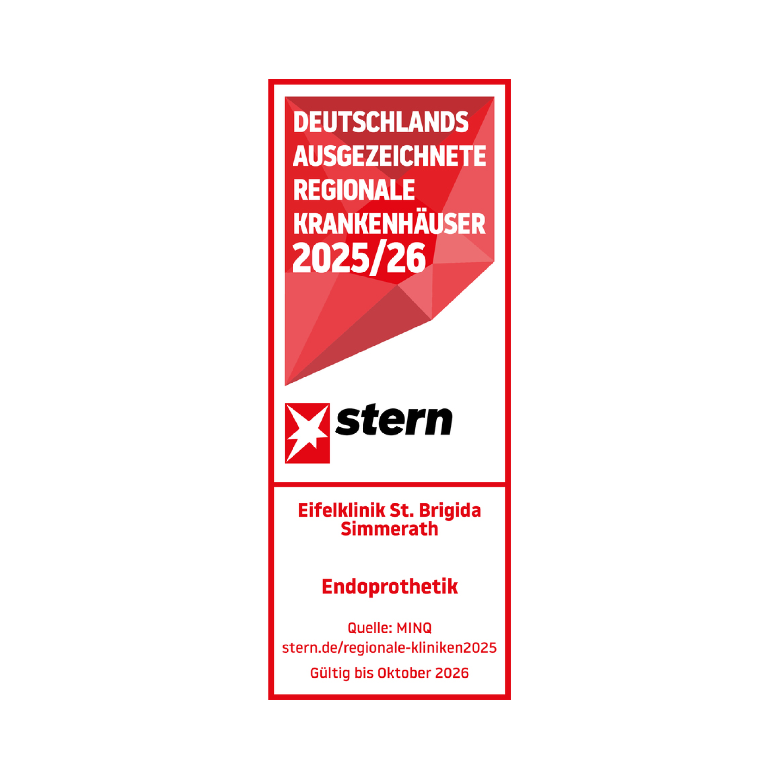 stern-Siegel: Deutschlands ausgezeichnete regionale Krankenhäuser 2025/26, Eifelklinik St. Brigida Simmerath, Endoprothetik.